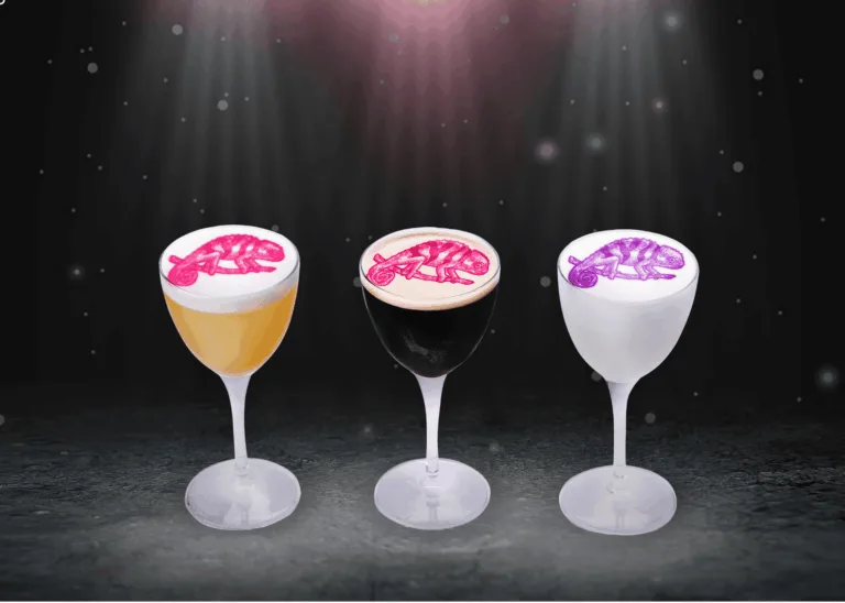 3 drinks printed with chameleon extract showing color variation