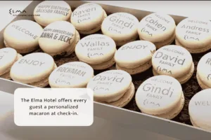 Welcome reception desk macarons printed with the Ripple Maker