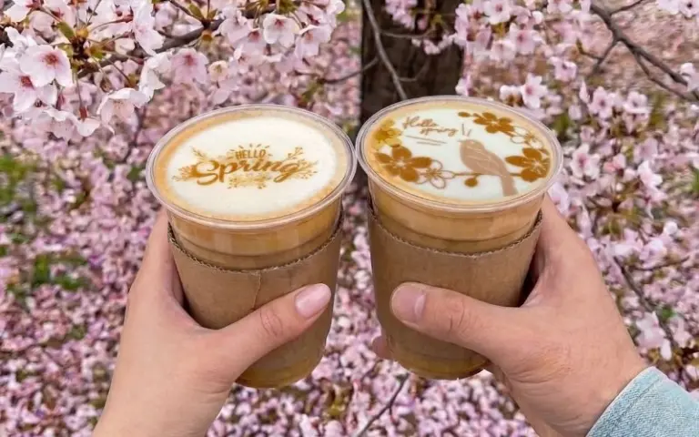 two hands holding iced printed coffees in front of a fruit tree in full bloom