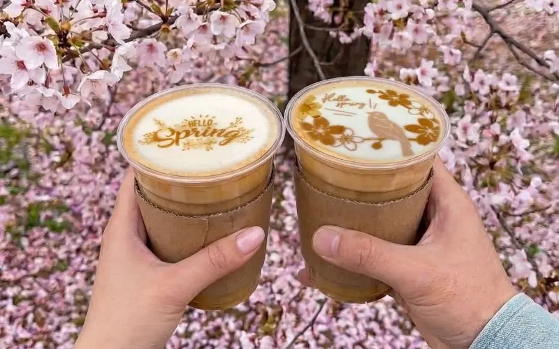 two hands holding iced printed coffees in front of a fruit tree in full bloom